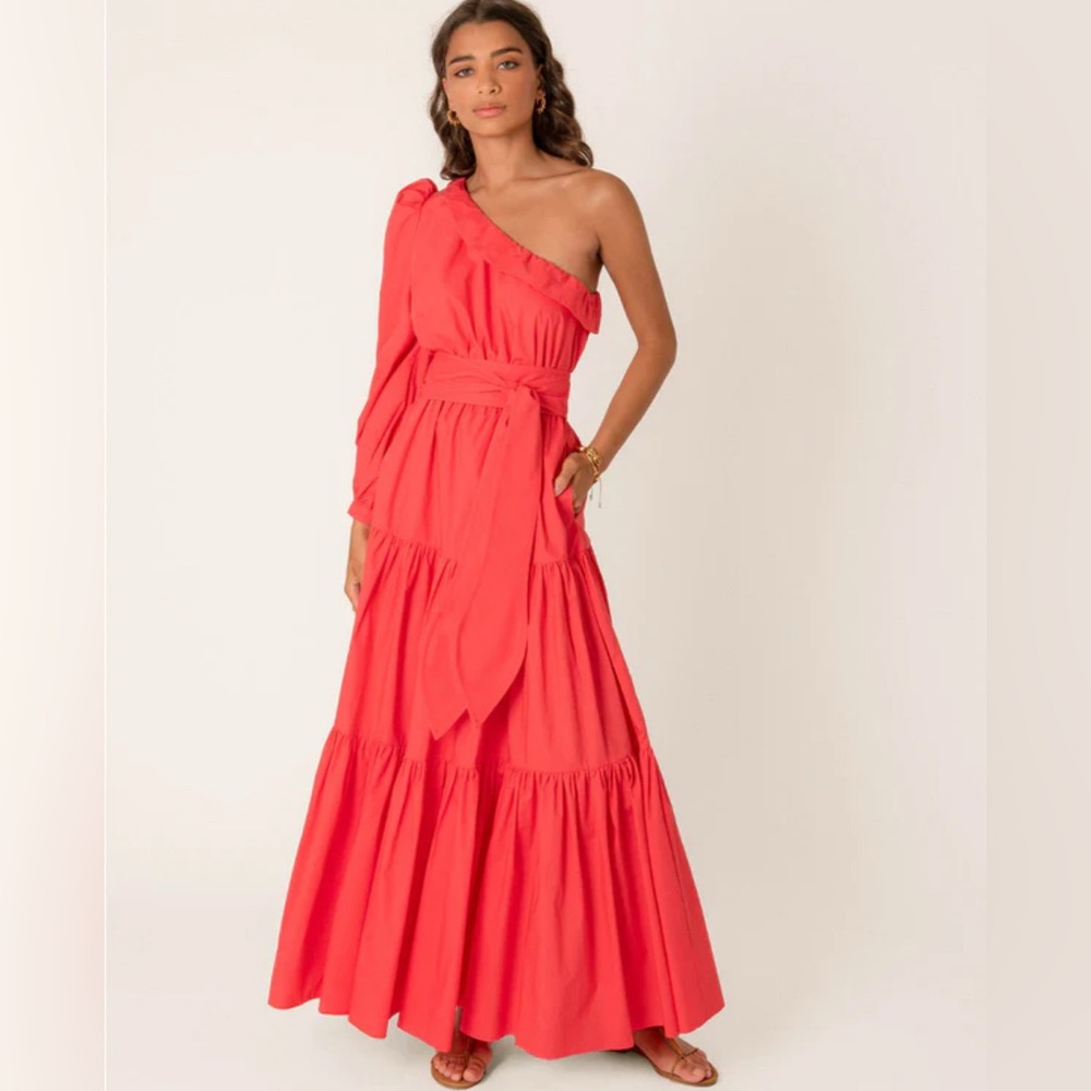 HESTER BLY Tiered Maxi Dress One Shoulder Size Medium Belted